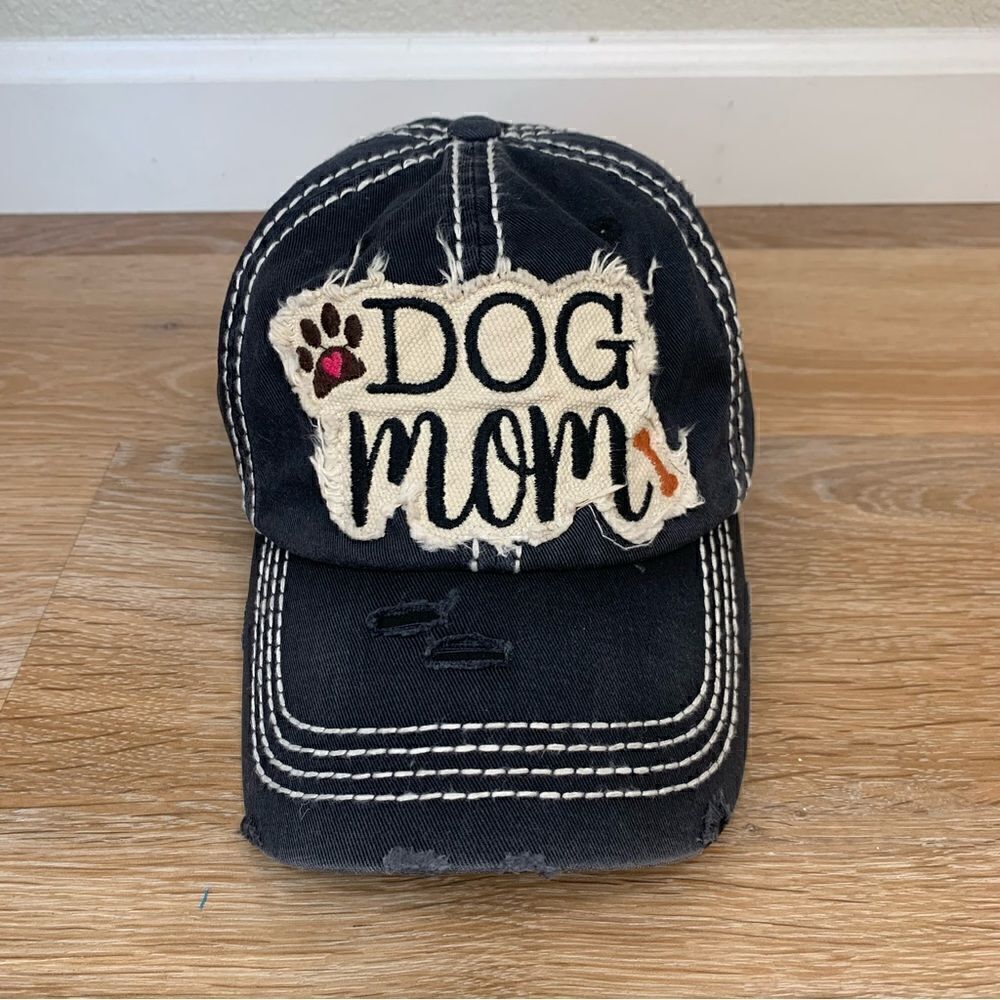 Dog Mom Distressed Black Adjustable Strapback Hat